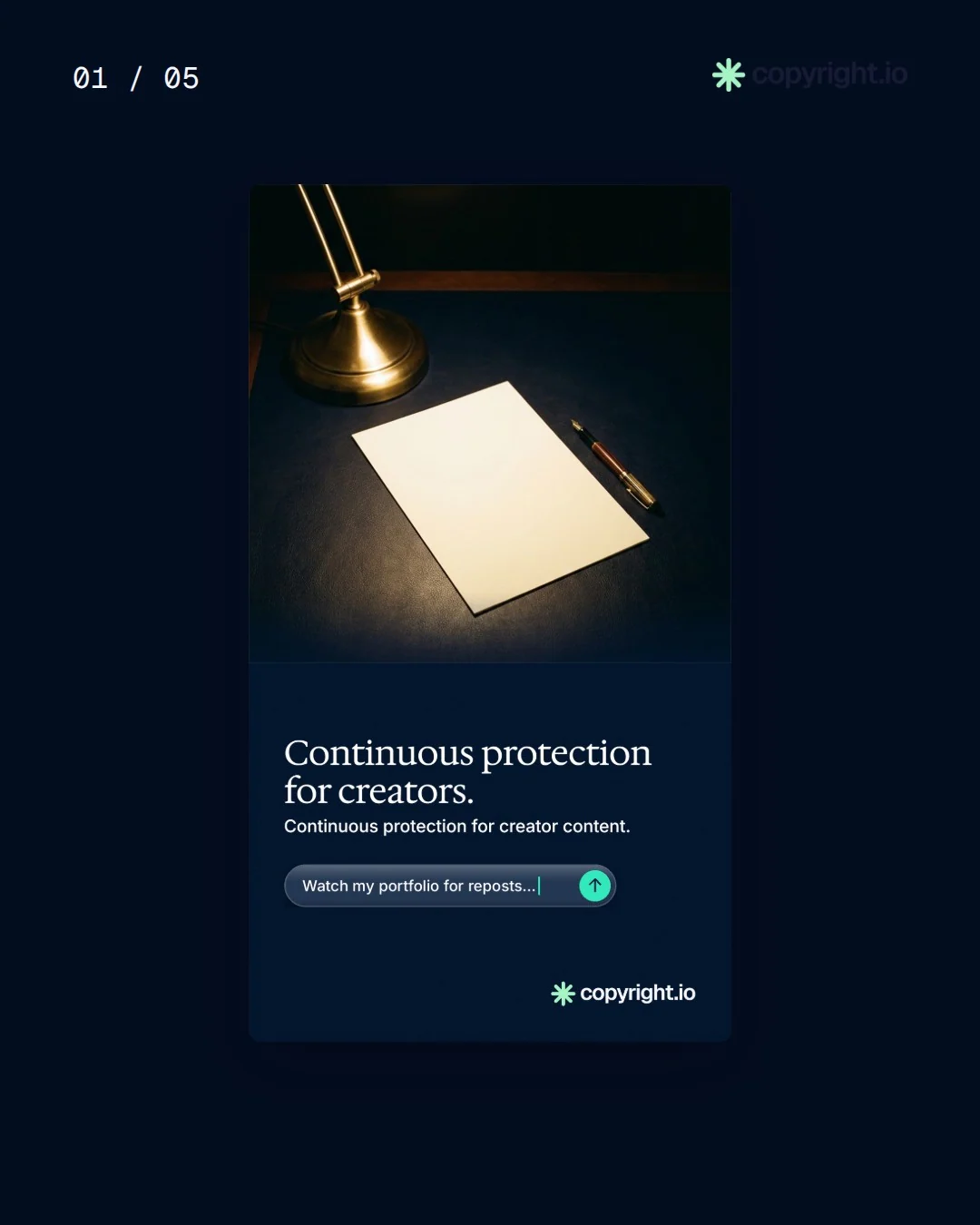 Video for copyright.io. Ad flipbook, 7.5 s, dark palette.
