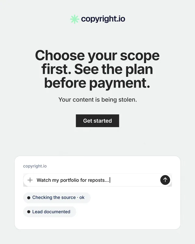 Instagram portrait post for copyright.io: "Choose your scope first. See the plan before payment." Swiss style, centred layout, light palette in white.