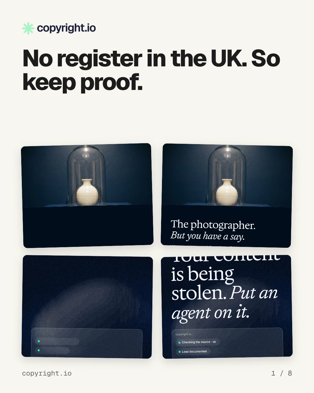 Carousel for copyright.io: "No register in the UK. So keep proof.". Collection carousel, 8 slides, light palette.