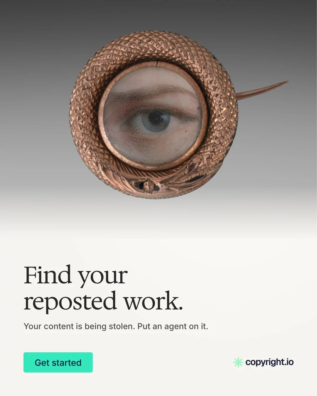 Video for copyright.io: "Find your reposted work.". Doc motion loop, 7.0 s, light palette.