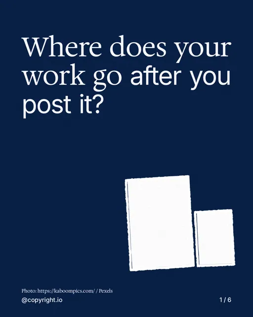 Carousel for copyright.io: "Where does your work go after you post it?". Cutout essay, 6 slides, dark palette.