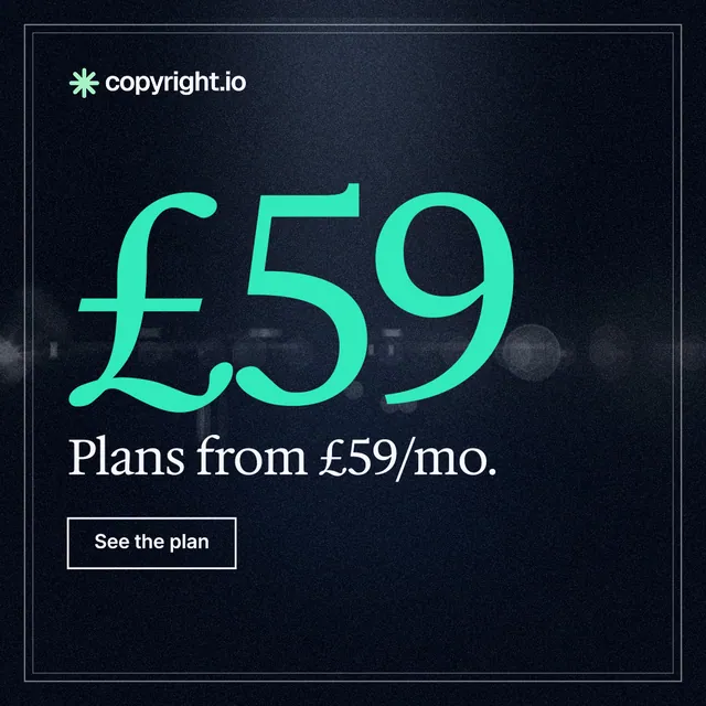 Instagram post for copyright.io: "Protect your work." Dark deco style, stat layout, dark palette in black, blue, teal.