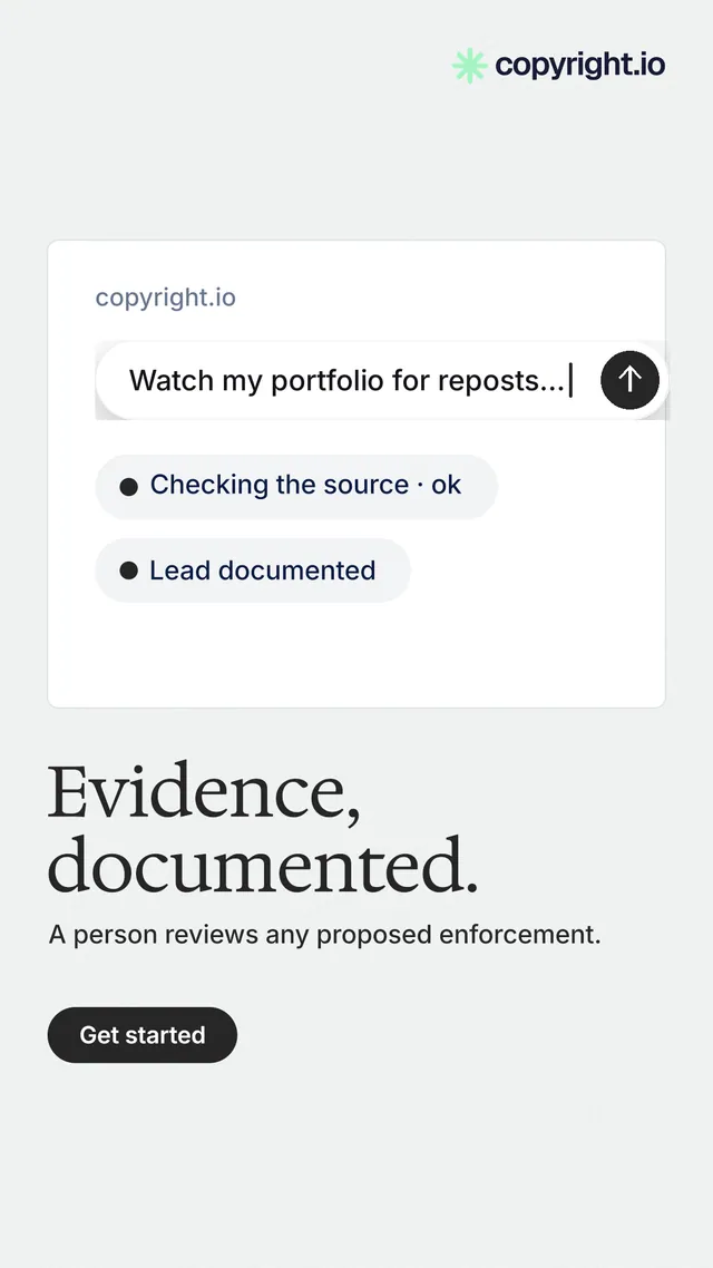 Instagram story for copyright.io: "Evidence, documented." Data card style, bottom layout, light palette in white.