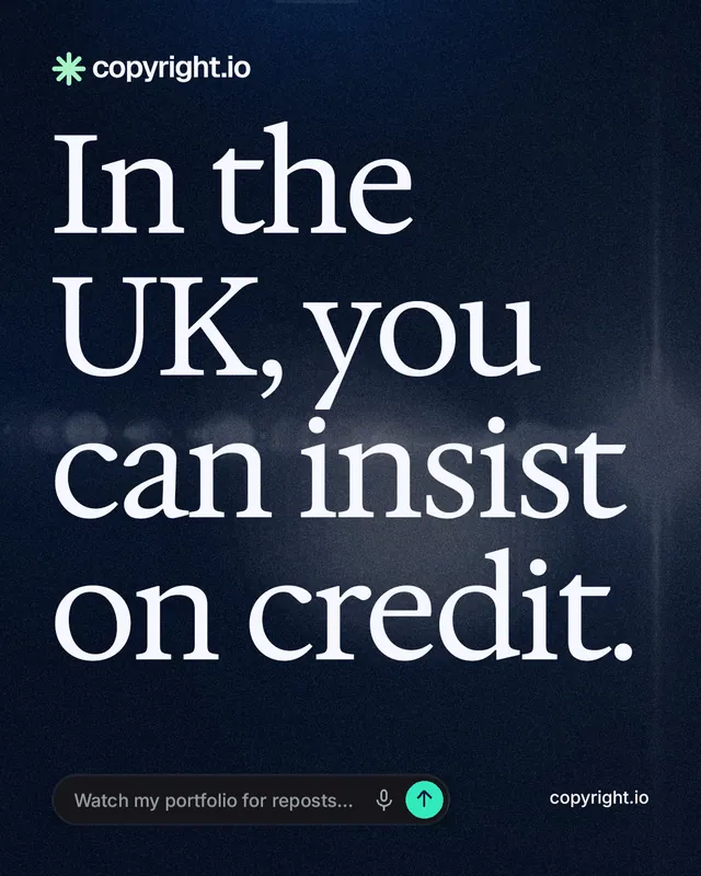 Instagram portrait post for copyright.io: "In the UK, you can insist on credit." Thermal style, poster layout, dark palette in black, blue, grey.