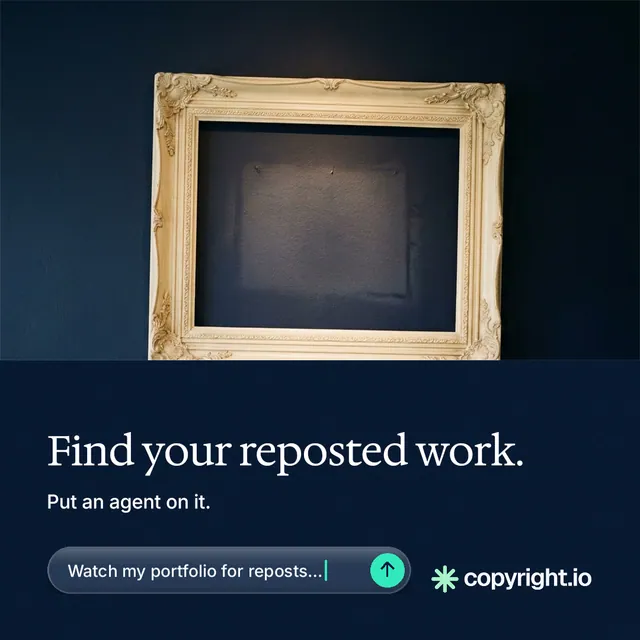 Instagram post for copyright.io: "Find your reposted work." Agentic glass style, bottom layout, dark palette in black, blue, grey.