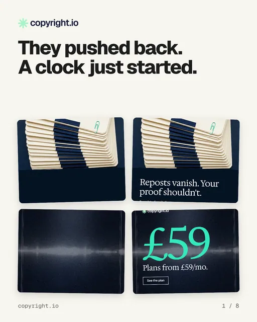 Carousel for copyright.io: "They pushed back. A clock just started.". Collection carousel, 8 slides, light palette.