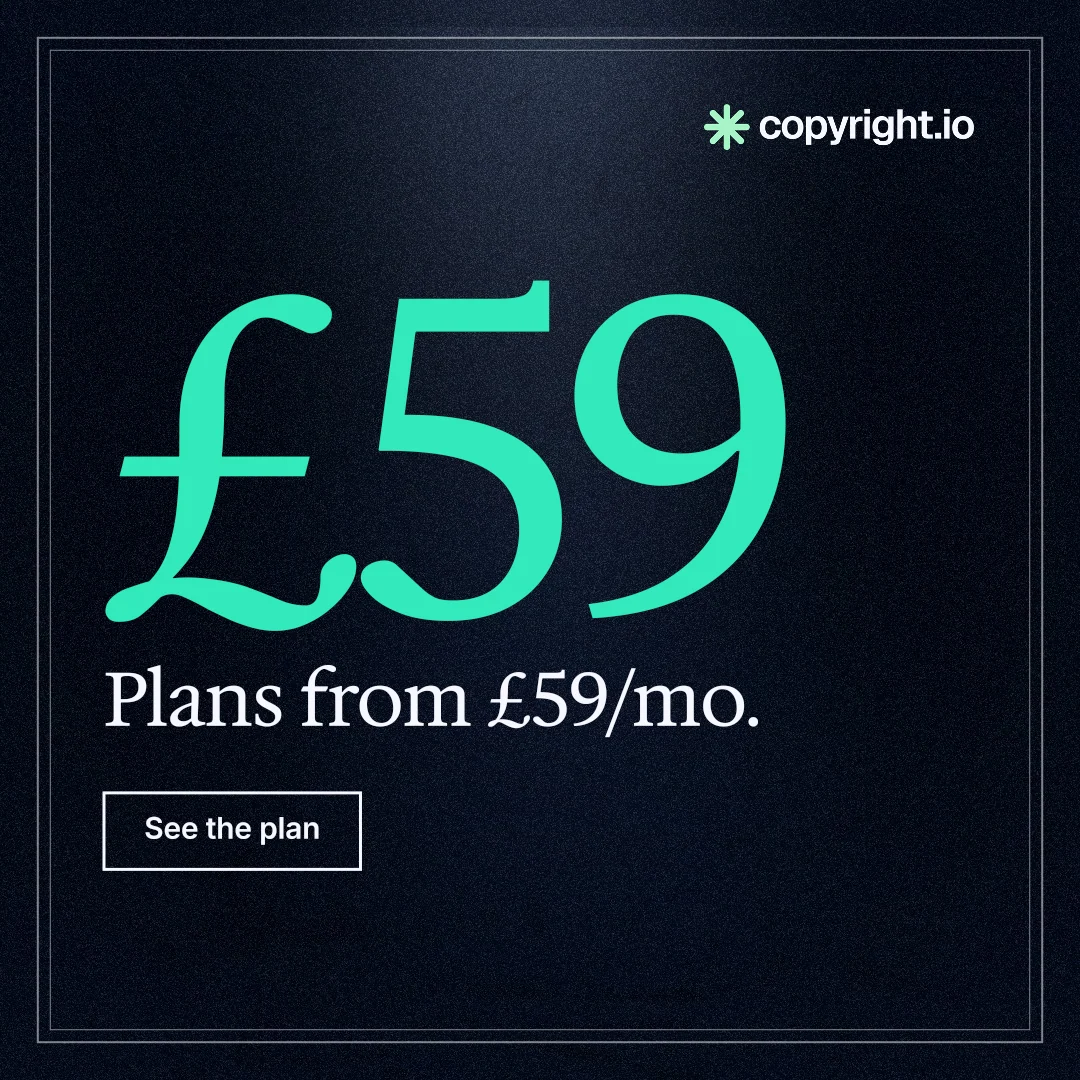 Instagram post for copyright.io: "Choose your scope first. See the plan before payment." Dark deco style, stat layout, dark palette in black, blue, teal.