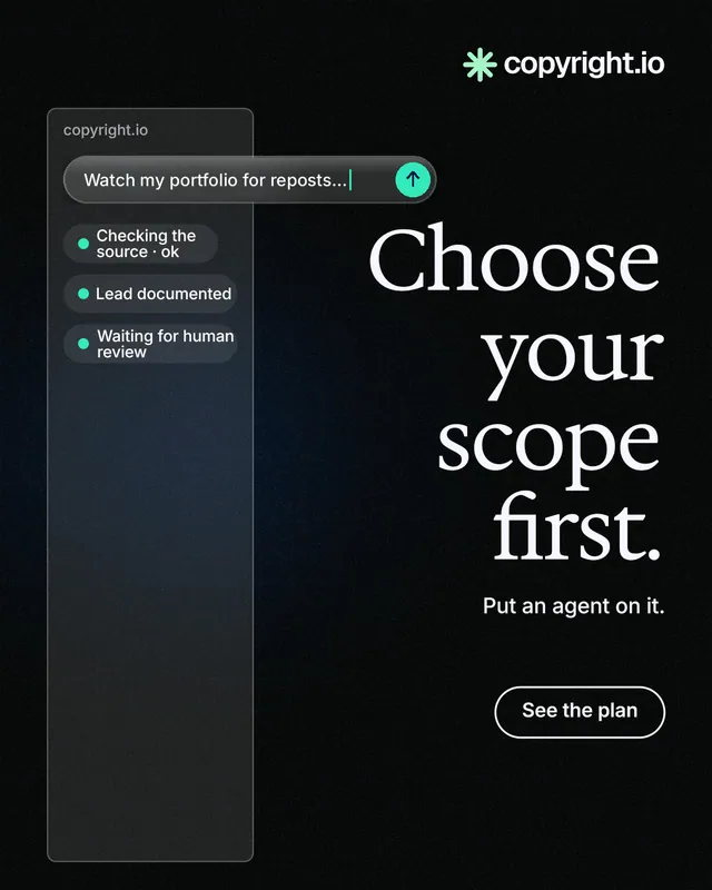 Instagram portrait post for copyright.io: "Choose your scope first." Phosphor atlas style, right layout, dark palette in black, grey.