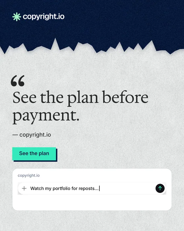 Instagram portrait post for copyright.io: "See the plan before payment." Paper trio style, quote layout, light palette in white, blue.