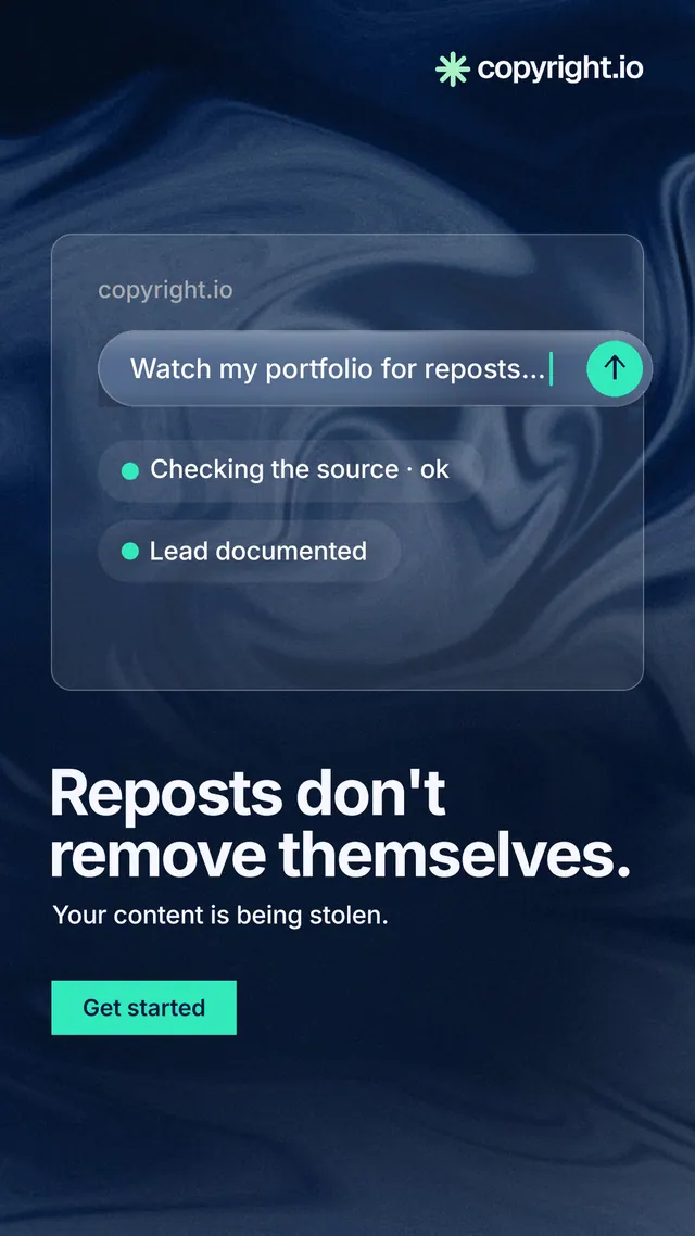 Instagram story for copyright.io: "Reposts don't remove themselves." Swiss style, bottom layout, dark palette in black, blue.