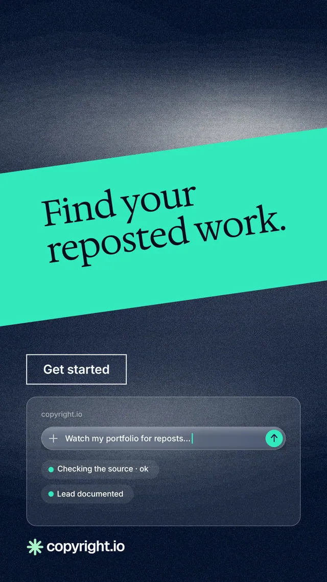 Instagram story for copyright.io: "Find your reposted work." Cyanotype style, diagonal layout, dark palette in blue, teal, grey.