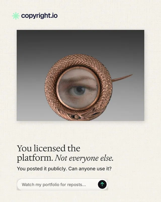 Instagram portrait post for copyright.io: "You licensed the platform. Not everyone else." Agentic glass style, bottom layout, light palette in white, grey.