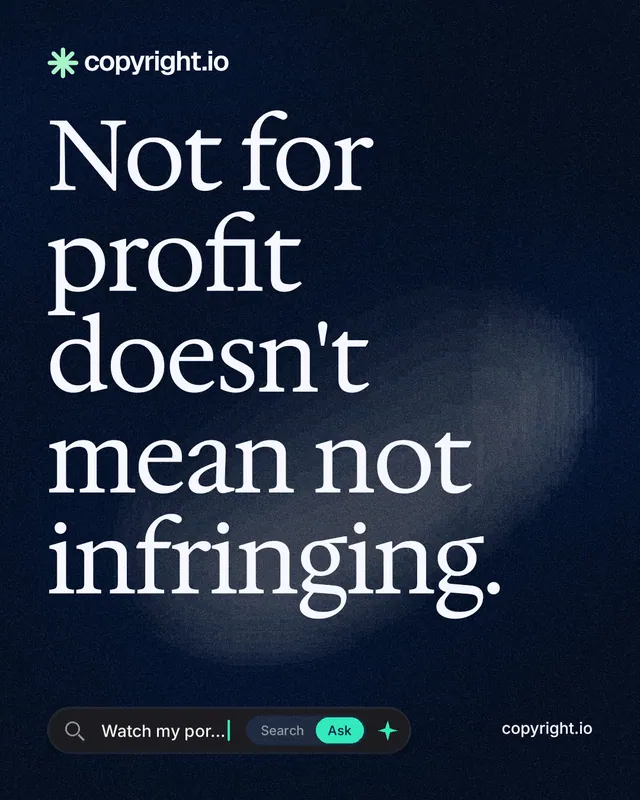 Instagram portrait post for copyright.io: "Not for profit doesn't mean not infringing." Thermal style, poster layout, dark palette in blue, black, grey.