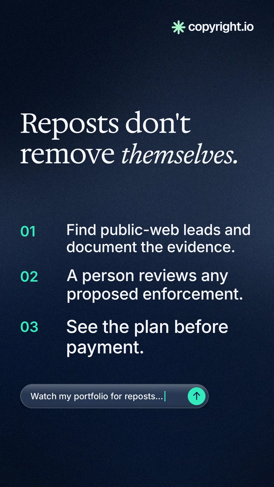 Instagram story for copyright.io: "Reposts don't remove themselves." Agentic glass style, numbered layout, dark palette in blue, black.