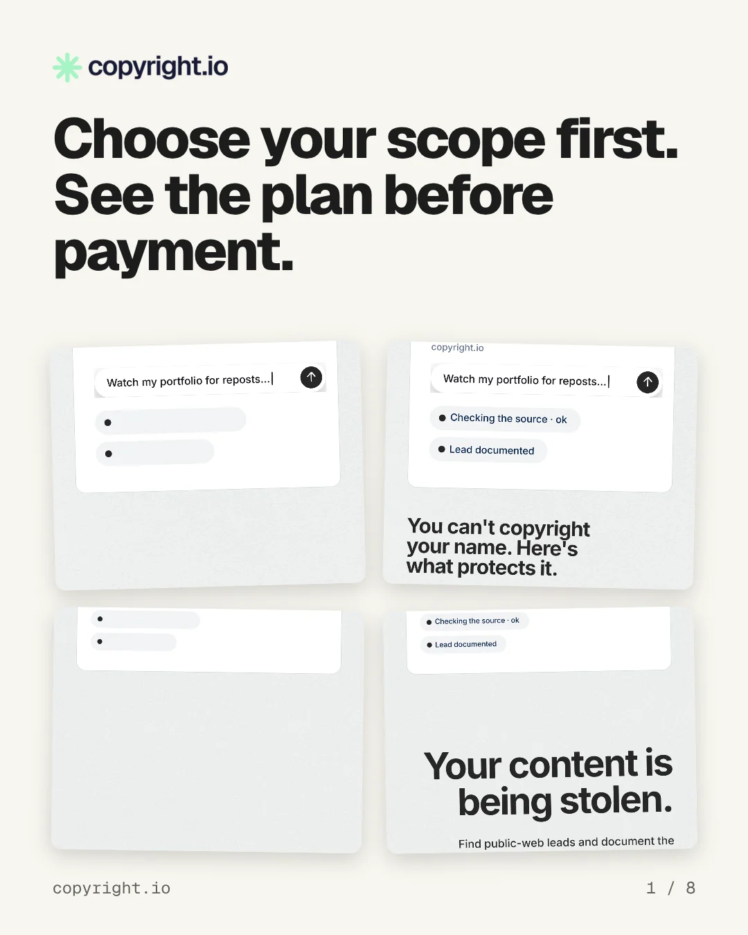 Carousel for copyright.io: "Choose your scope first. See the plan before payment.". Collection carousel, 8 slides, light palette.