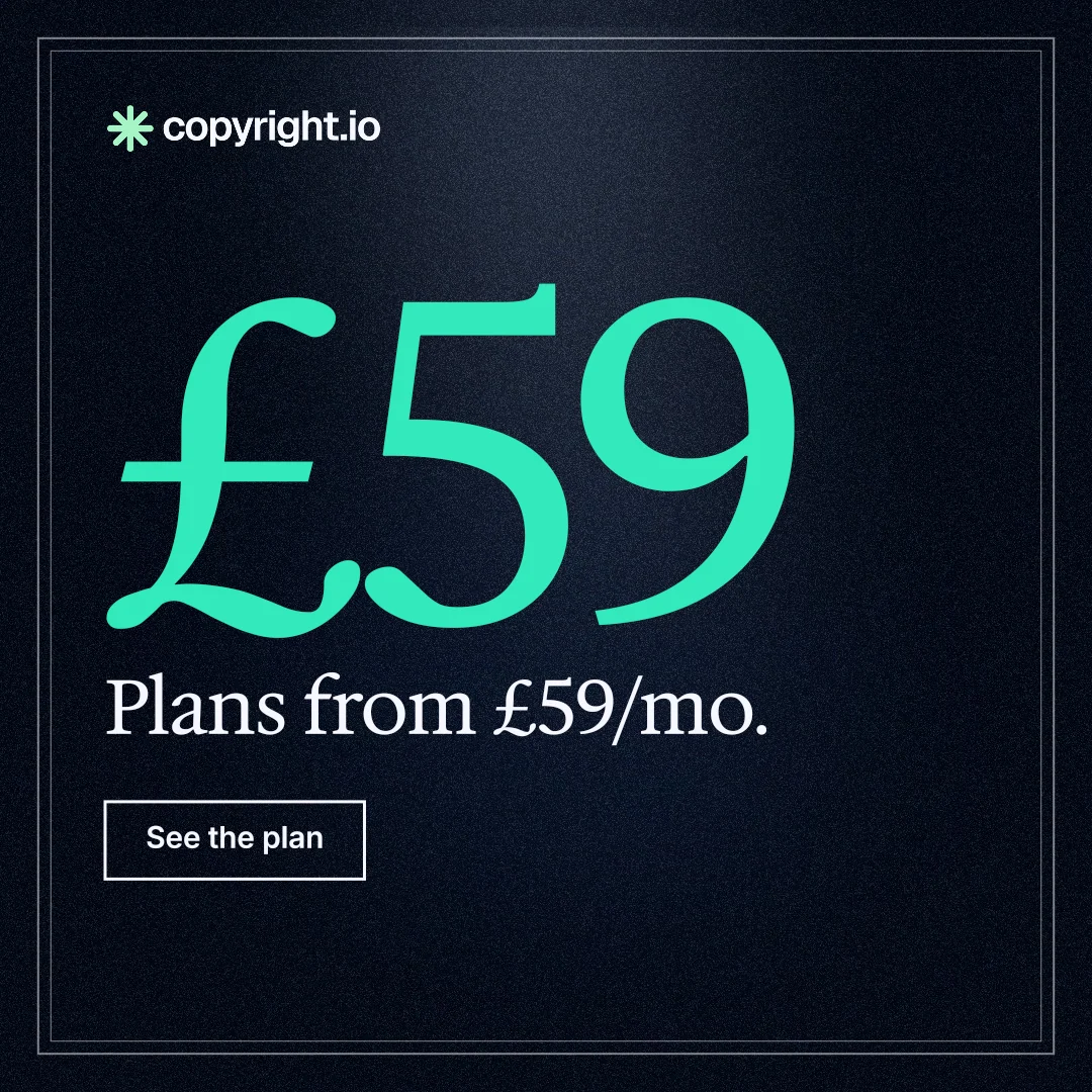 Instagram post for copyright.io: "Choose your scope first. See the plan before payment." Dark deco style, stat layout, dark palette in black, teal.