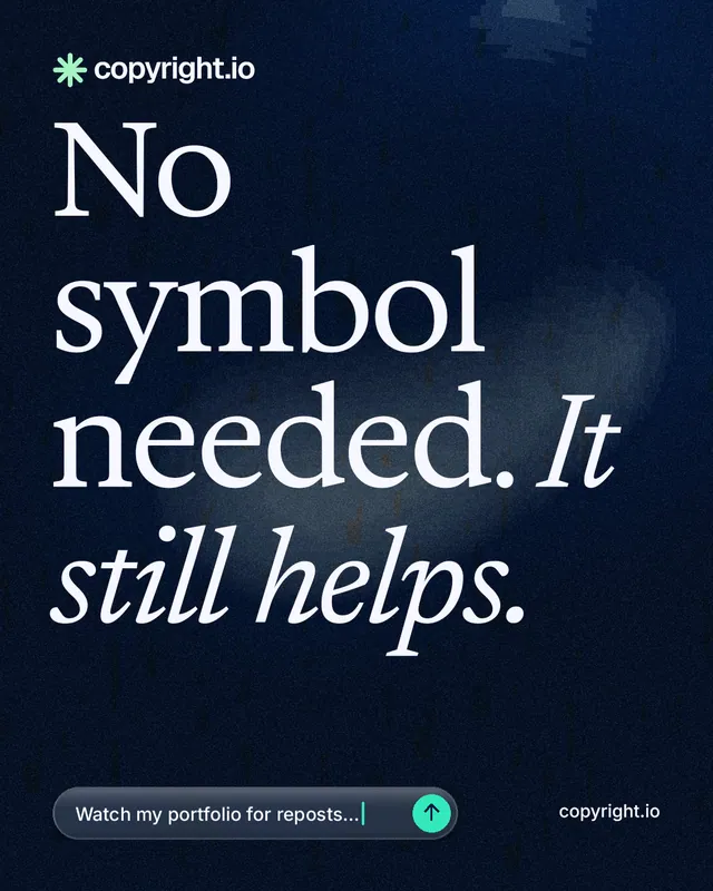 Instagram portrait post for copyright.io: "No symbol needed. It still helps." Thermal style, poster layout, dark palette in black, blue, grey.