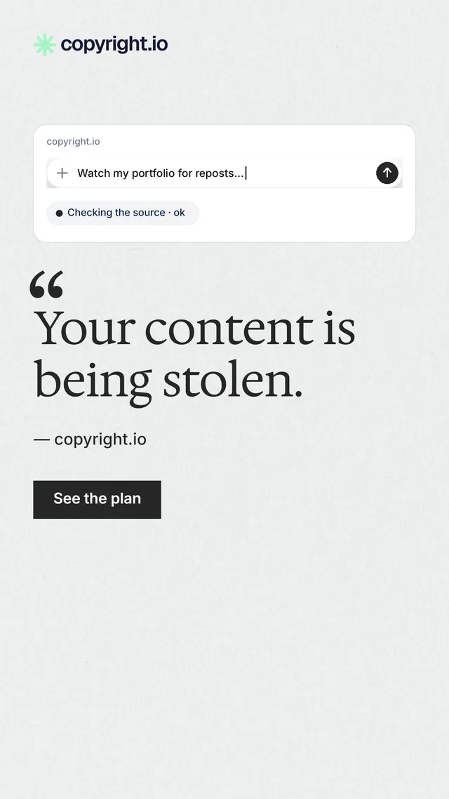 Instagram story for copyright.io: "Your content is being stolen." Swiss style, quote layout, light palette in white, grey.