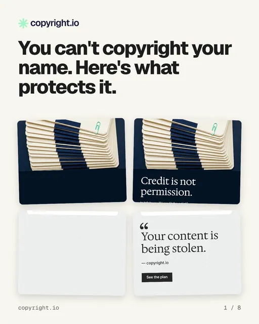 Carousel for copyright.io: "You can't copyright your name. Here's what protects it.". Collection carousel, 8 slides, light palette.
