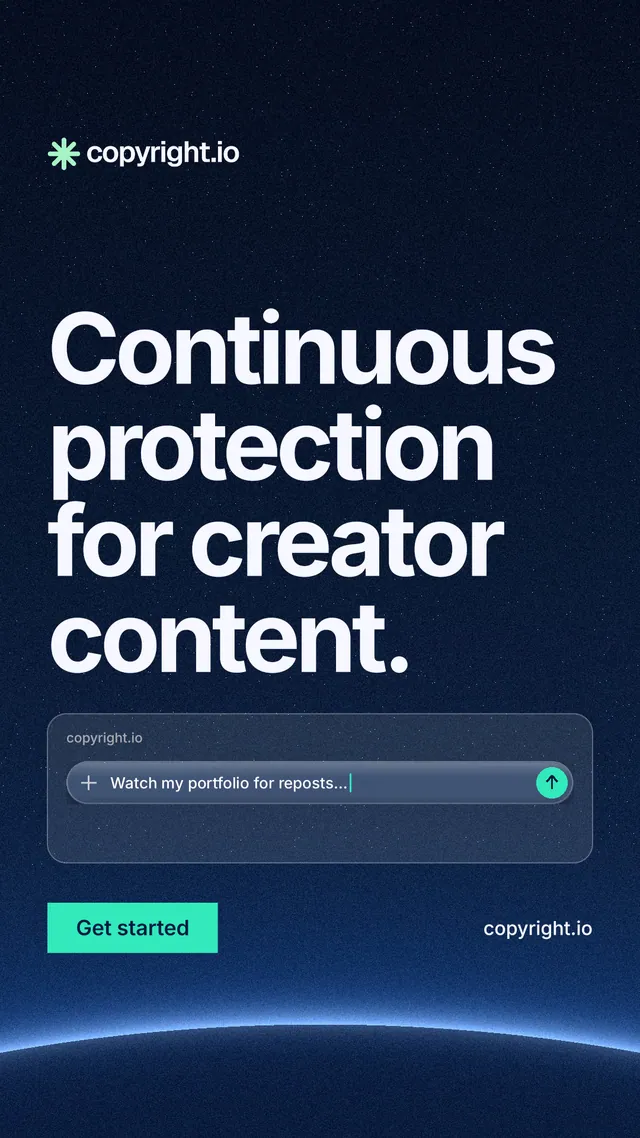 Instagram story for copyright.io: "Continuous protection for creator content." Swiss style, poster layout, dark palette in blue, black.