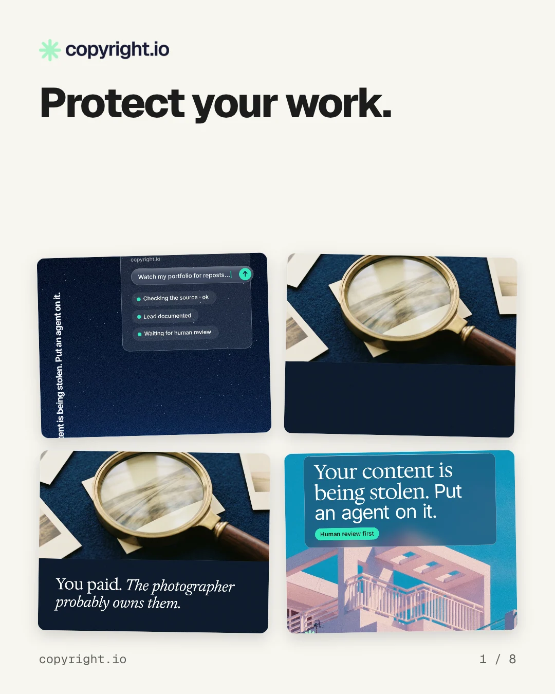 Carousel for copyright.io: "Protect your work.". Collection carousel, 8 slides, light palette.