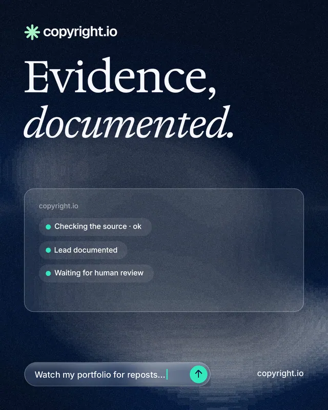 Instagram portrait post for copyright.io: "Evidence, documented." Thermal style, poster layout, dark palette in blue, black, grey.