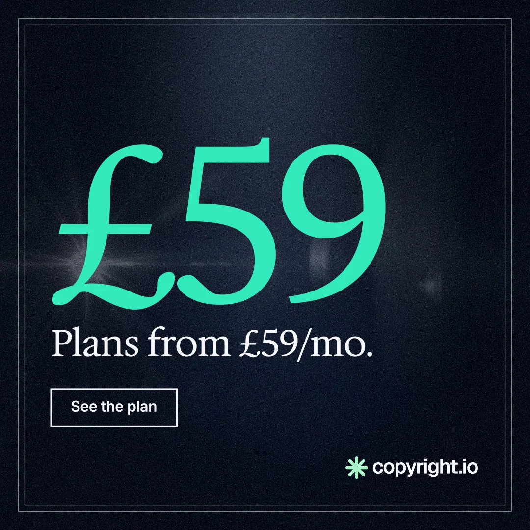 Instagram post for copyright.io: "Protect your work." Dark deco style, stat layout, dark palette in blue, black, teal.