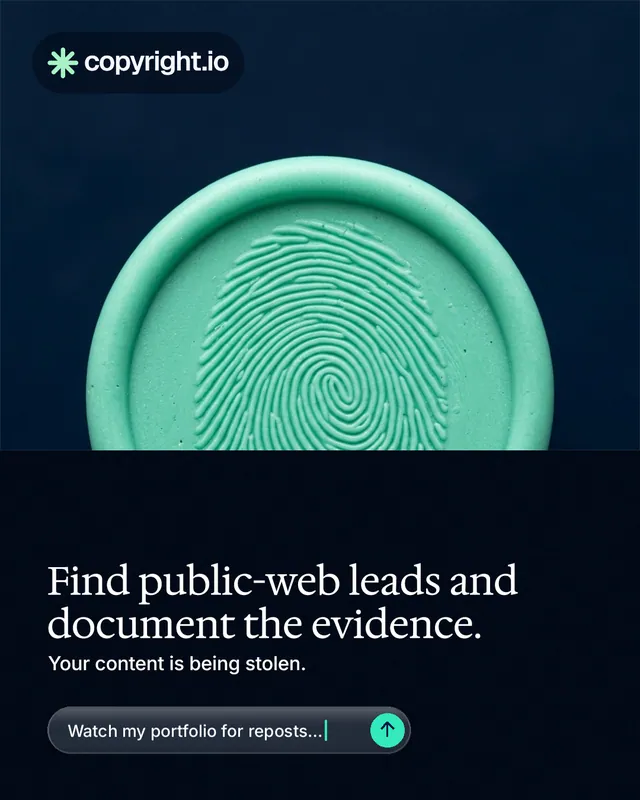 Instagram portrait post for copyright.io: "Find public-web leads and document the evidence." Agentic glass style, bottom layout, dark palette in black, teal, blue.