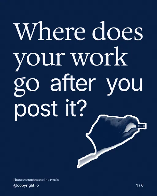 Carousel for copyright.io: "Where does your work go after you post it?". Cutout essay, 6 slides, dark palette.