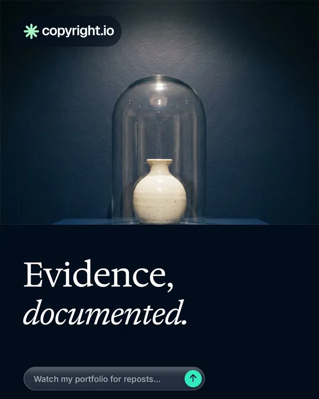 Instagram portrait post for copyright.io: "Evidence, documented." Agentic glass style, bottom layout, dark palette in black, blue, grey.