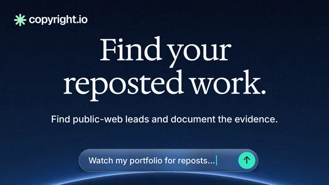Landscape graphic for copyright.io: "Find your reposted work." Agentic glass style, centred layout, dark palette in black, blue.