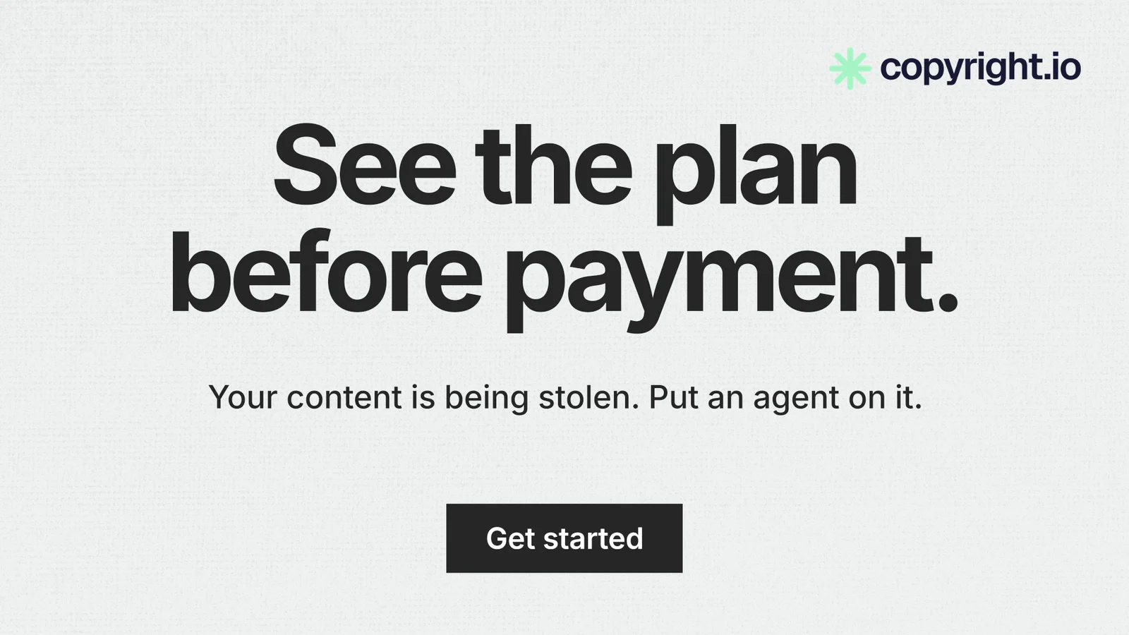 Landscape graphic for copyright.io: "See the plan before payment." Swiss style, centred layout, light palette in white, grey.