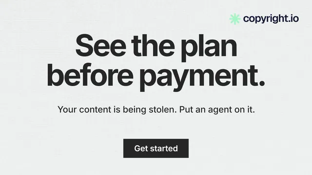 Landscape graphic for copyright.io: "See the plan before payment." Swiss style, centred layout, light palette in white, grey.