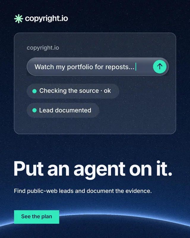 Instagram portrait post for copyright.io: "Put an agent on it." Swiss style, bottom layout, dark palette in blue, black.