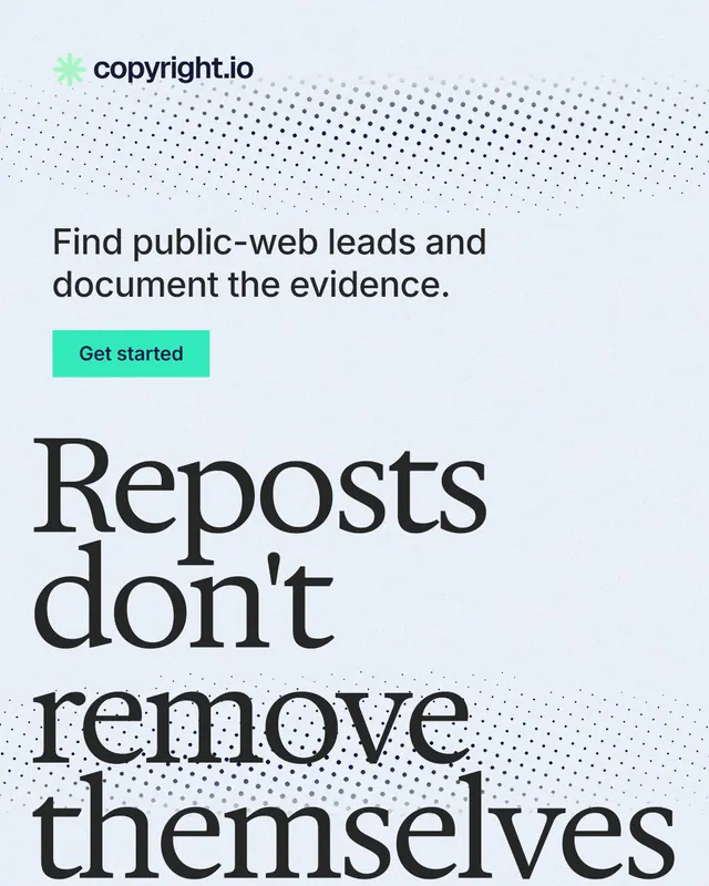 Instagram portrait post for copyright.io: "Reposts don't remove themselves." Swiss style, oversized layout, light palette in white, blue, grey.