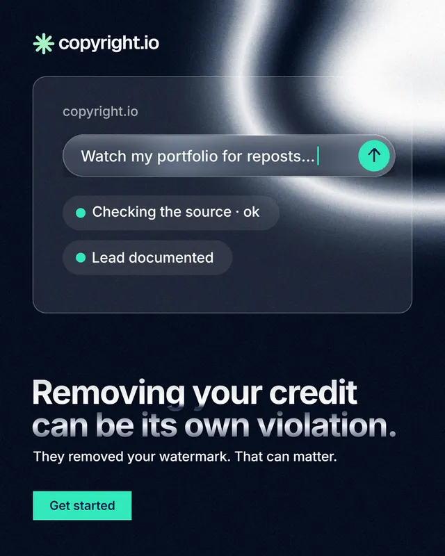 Instagram portrait post for copyright.io: "Removing your credit can be its own violation." Swiss style, bottom layout, dark palette in blue, black, grey.