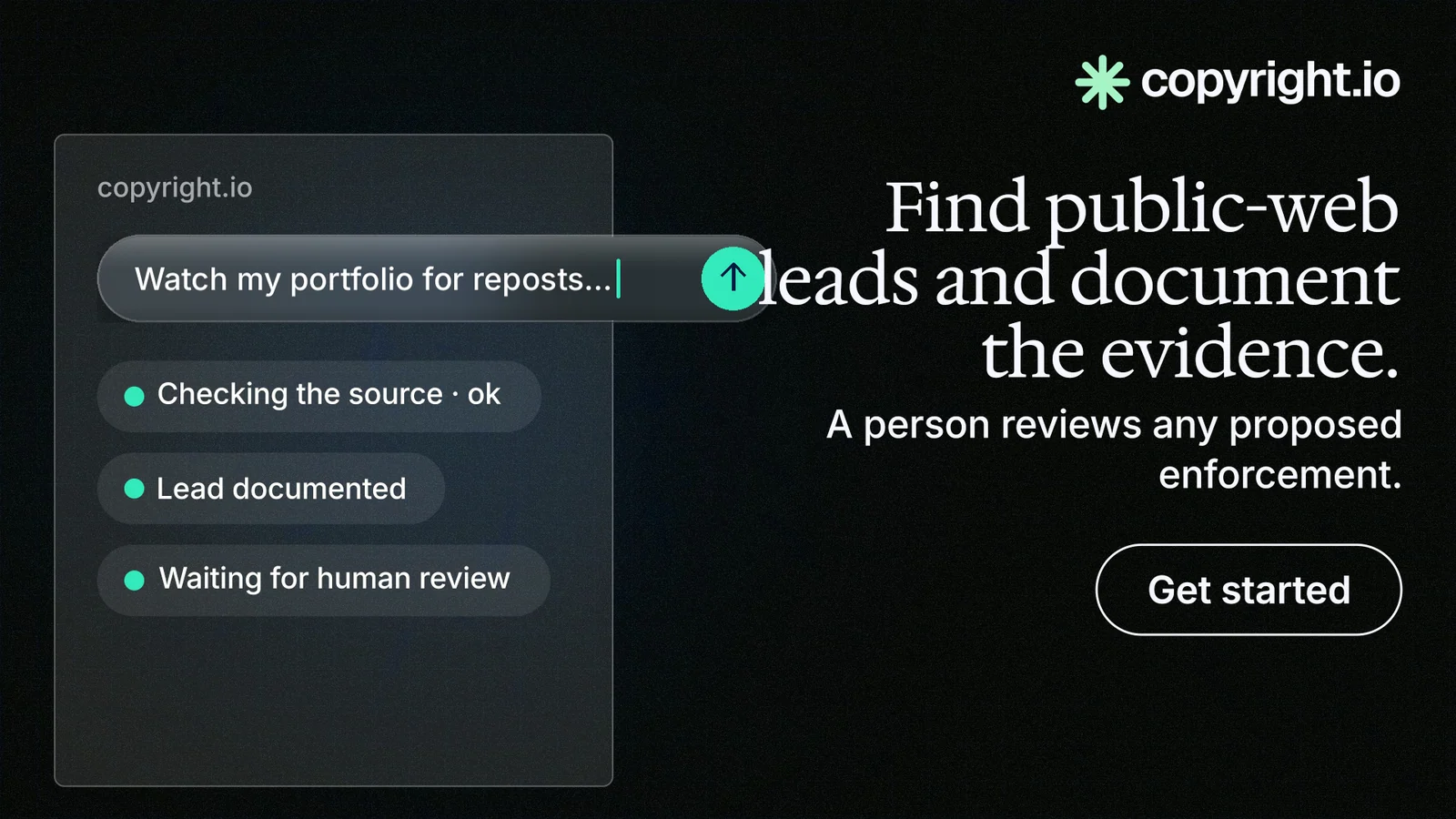 Landscape graphic for copyright.io: "Find public-web leads and document the evidence." Phosphor atlas style, right layout, dark palette in black, grey.