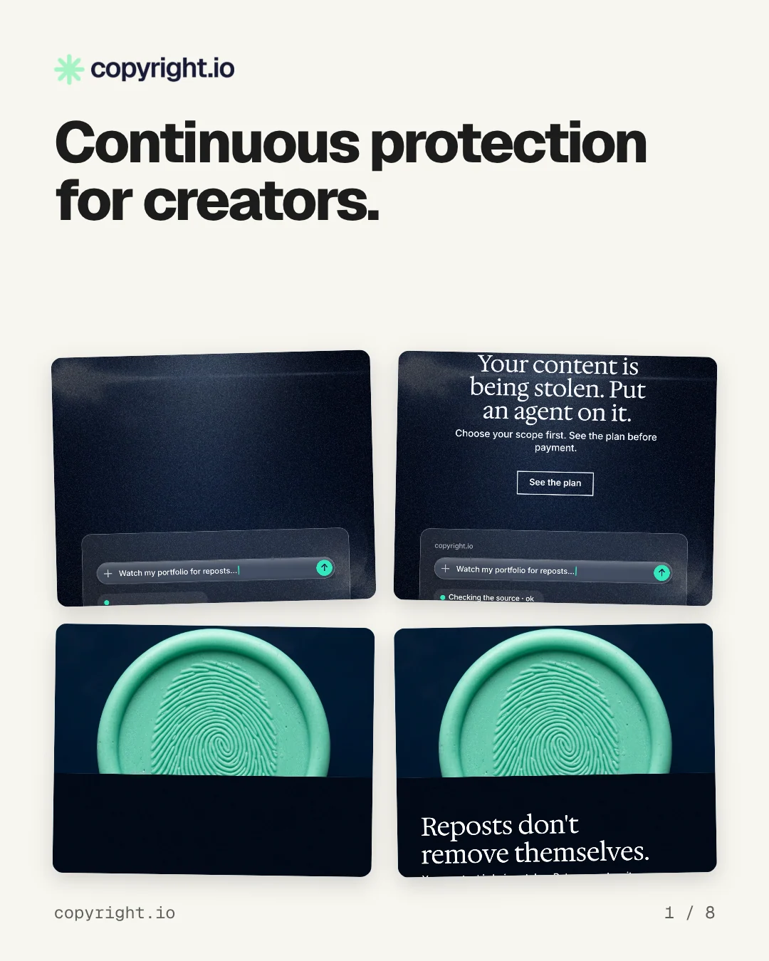 Carousel for copyright.io: "Continuous protection for creators.". Collection carousel, 8 slides, light palette.