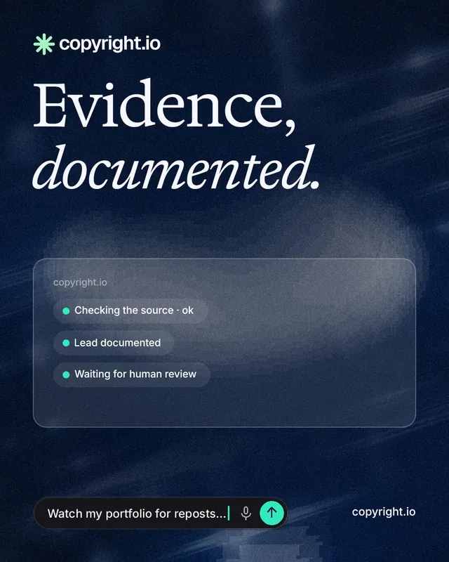 Instagram portrait post for copyright.io: "Evidence, documented." Thermal style, poster layout, dark palette in blue, grey, black.
