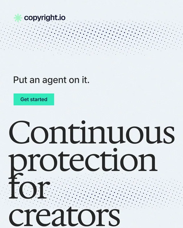 Instagram portrait post for copyright.io: "Continuous protection for creators." Swiss style, oversized layout, light palette in white, blue, grey.