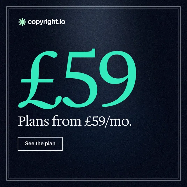 Instagram post for copyright.io: "Your content is being stolen. Put an agent on it." Dark deco style, stat layout, dark palette in black, teal.