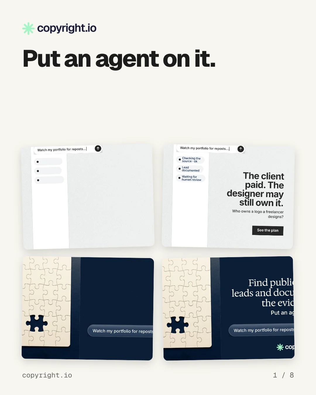 Carousel for copyright.io: "Put an agent on it.". Collection carousel, 8 slides, light palette.