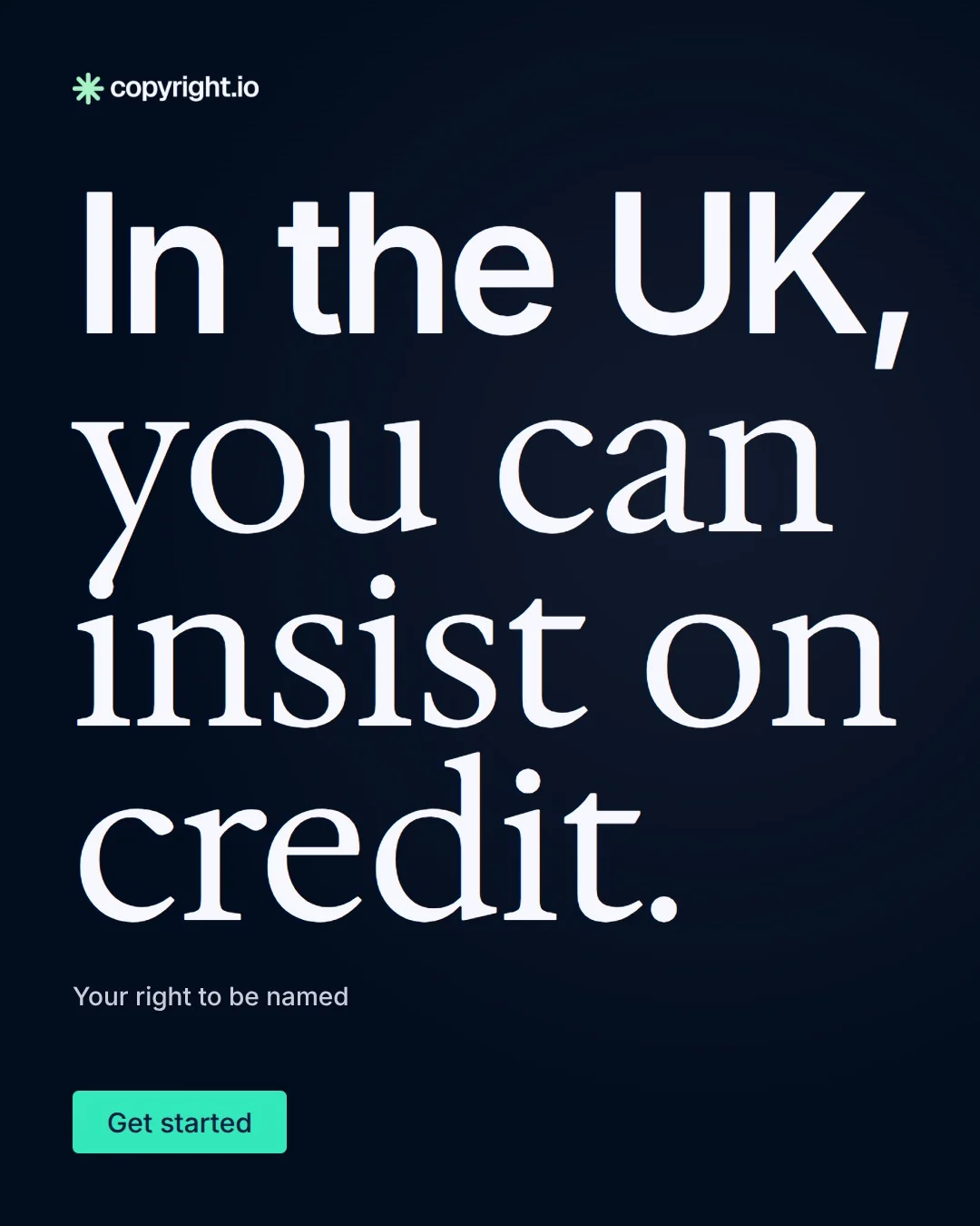 Video for copyright.io: "In the UK, you can insist on credit.". Doc motion loop, 6.0 s, dark palette.