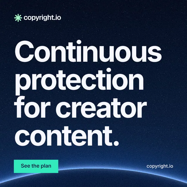 Instagram post for copyright.io: "Continuous protection for creator content." Swiss style, poster layout, dark palette in black, blue, teal.