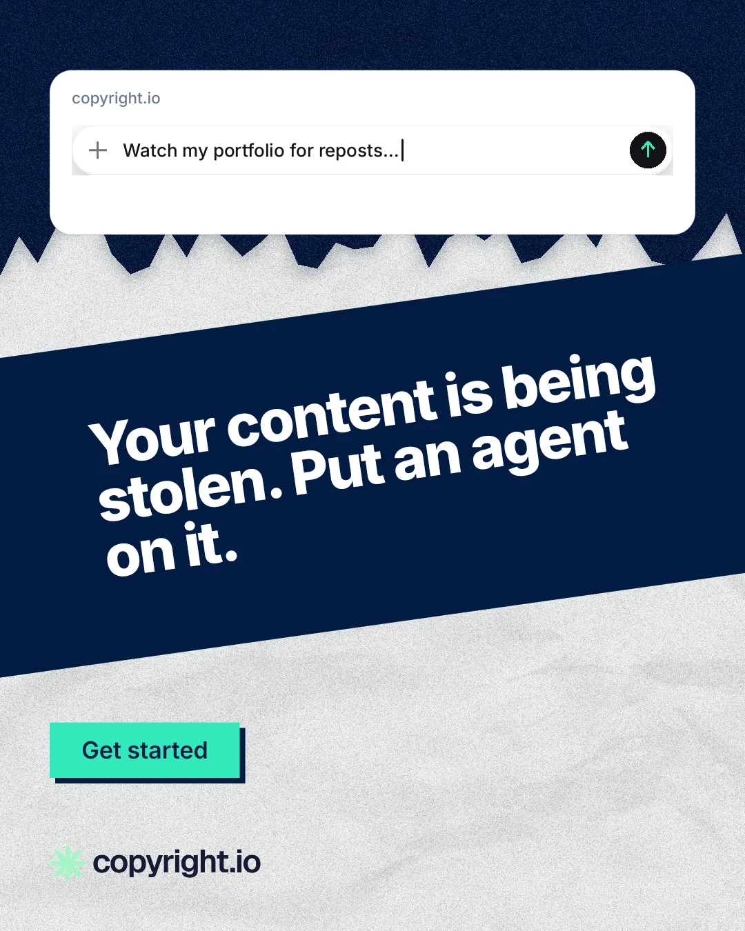 Instagram portrait post for copyright.io: "Your content is being stolen. Put an agent on it." Paper trio style, diagonal layout, light palette in white, blue, grey.