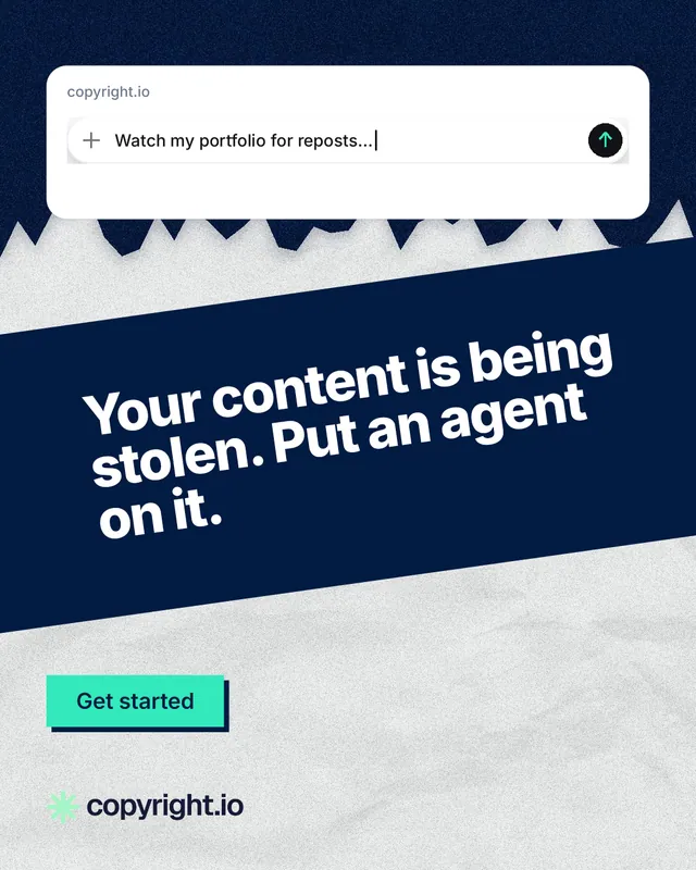 Instagram portrait post for copyright.io: "Your content is being stolen. Put an agent on it." Paper trio style, diagonal layout, light palette in white, blue, grey.