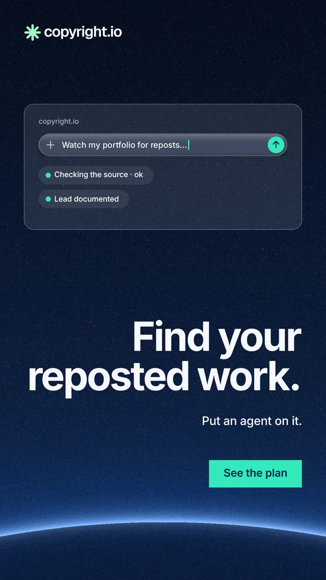 Instagram story for copyright.io: "Find your reposted work." Swiss style, right layout, dark palette in blue, black.