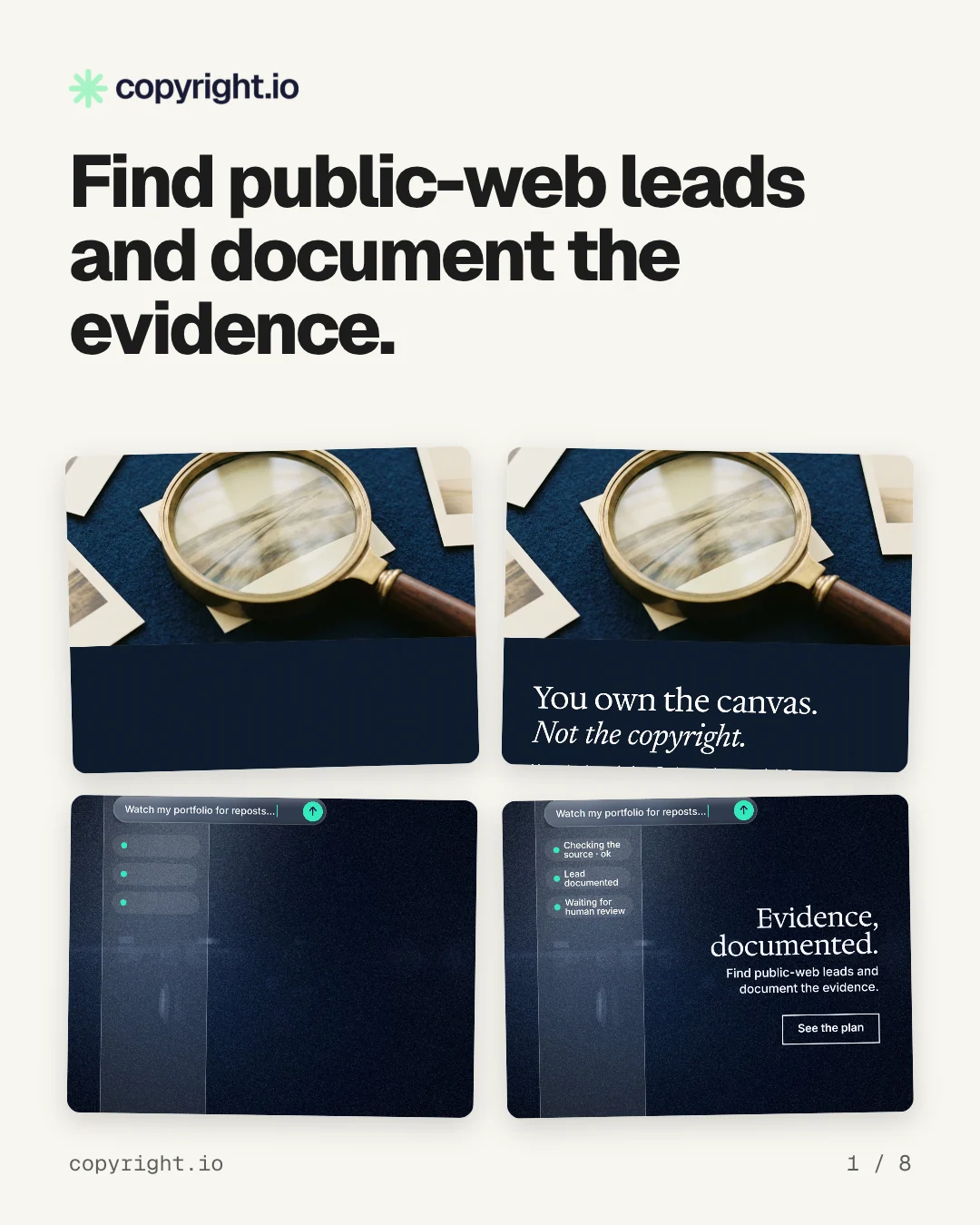Carousel for copyright.io: "Find public-web leads and document the evidence.". Collection carousel, 8 slides, light palette.
