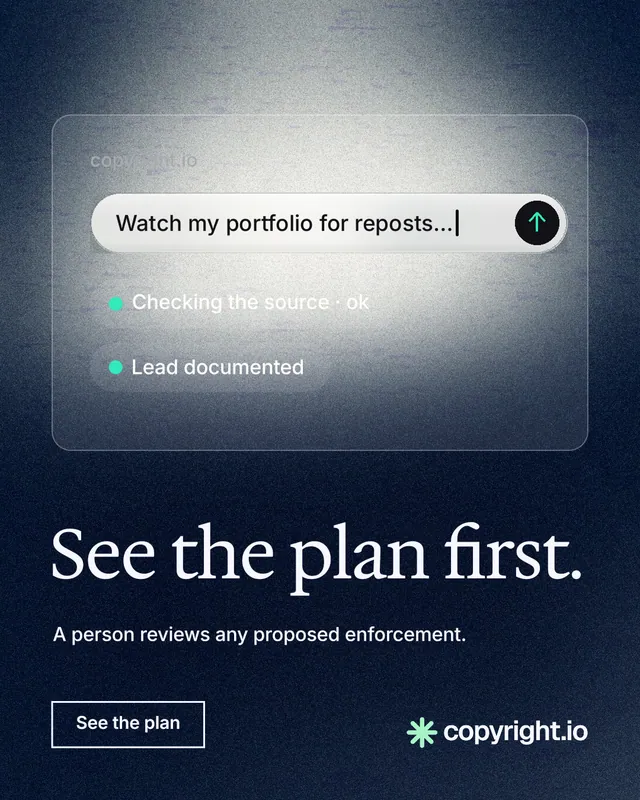 Instagram portrait post for copyright.io: "See the plan first." Cyanotype style, bottom layout, dark palette in black, blue, grey.