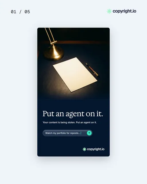 Video for copyright.io. Ad flipbook, 7.5 s, light palette.